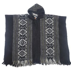 South western Blanket wool one size hooded Pancho with button geometric fringe